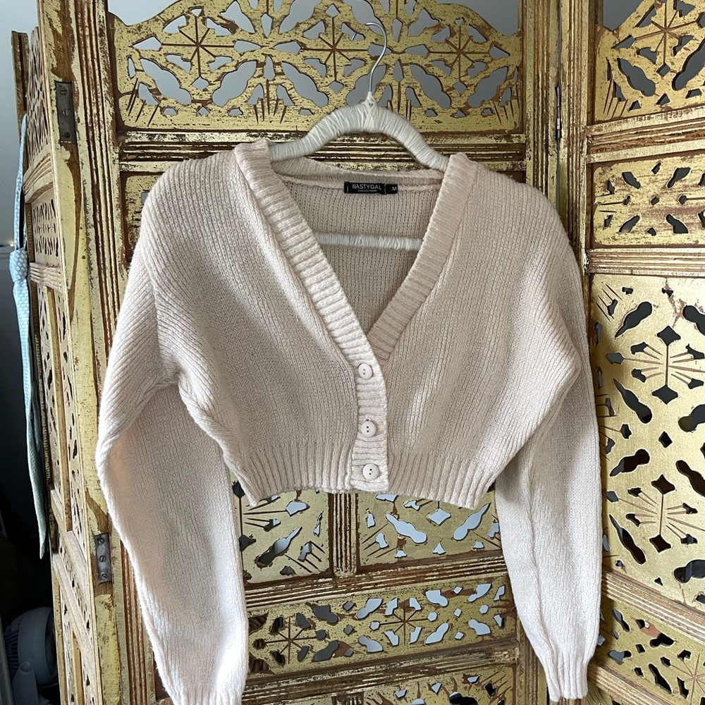 Nasty Gal Cream Cropped Button-Front Knit Cardigan